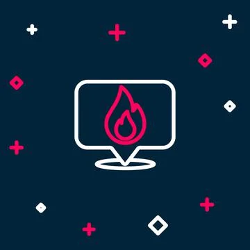 Line Map pointer with fire flame icon isolated on blue background. Fire nearby イラスト素材