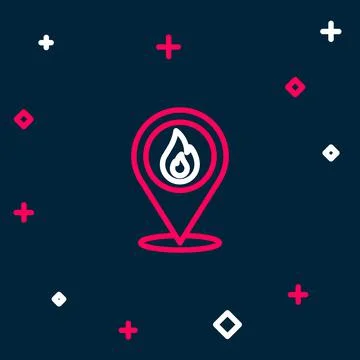 Line Map pointer with fire flame icon isolated on blue background. Fire nearb Stock Illustration