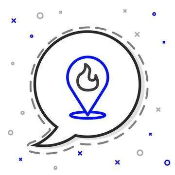 Line Map pointer with fire flame icon isolated on white background. Fire nearby 스톡 일러스트