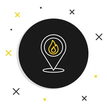 Line Map pointer with fire flame icon isolated on white background. Fire ne.. Stock Illustration