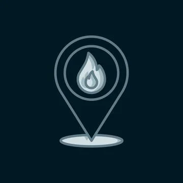 Line Map pointer with fire flame icon isolated on black background. Fire ne.. イラスト素材