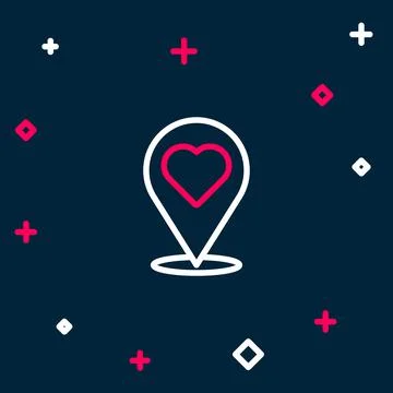Line Map pointer with heart icon isolated on blue background. Valentines day Illustrazione stock