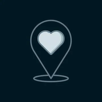 Line Map pointer with heart icon isolated on black background. Valentines d.. 스톡 일러스트