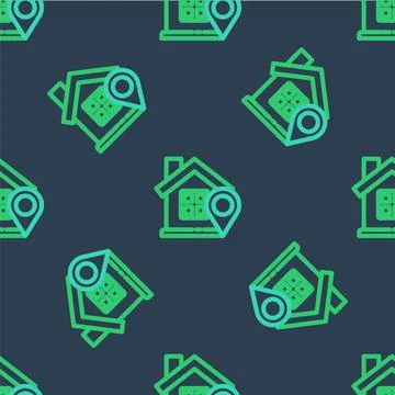 Line Map pointer with house icon isolated seamless pattern on blue background Stock Illustration