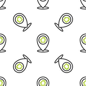Line Map pointer with house icon isolated seamless pattern on white background Stockillustratie