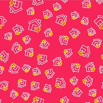 Line Map pointer with house icon isolated seamless pattern on red background Illustrazione stock