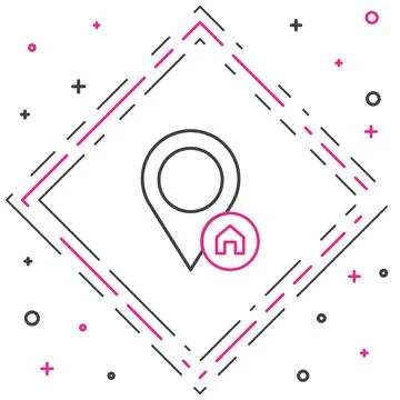 Line Map pointer with house icon isolated on white background. Home location Illustrazione stock