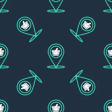 Line Map pointer with shopping basket icon isolated seamless pattern on black 스톡 일러스트