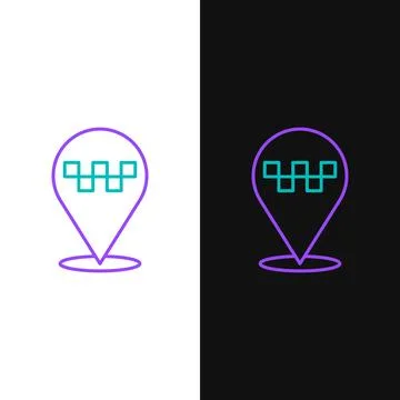 Line Map pointer with taxi icon isolated on white and black background. Loc.. Stock Illustration