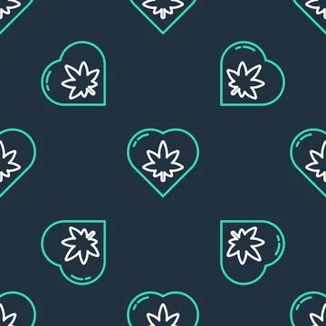 Line Marijuana leaf in heart shape icon isolated seamless pattern on black 库存插图