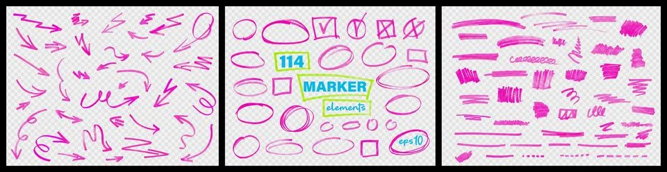 Line marker highlight, arrow and check mark red set. Hand drawn pen brush stroke Stockillustratie