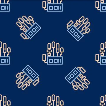 Line Mechanical robot hand icon isolated seamless pattern on blue background Stock Illustration