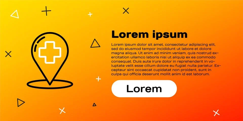 Line Medical map pointer with cross hospital icon isolated on yellow background Illustrazione stock