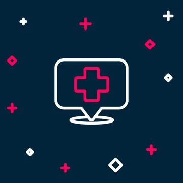 Line Medical map pointer with cross hospital icon isolated on blue background Stock Illustration