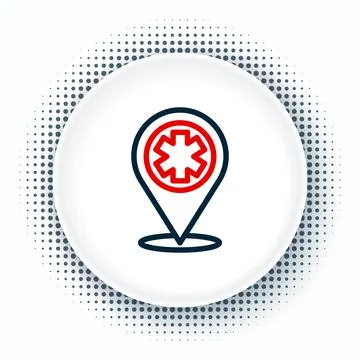 Line Medical map pointer with cross hospital icon isolated on white background Stock Illustration