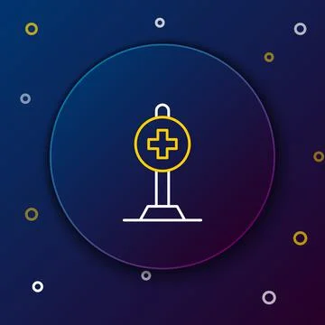 Line Medical map pointer with cross hospital icon isolated on blue background Stock Illustration