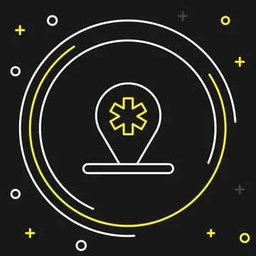 Line Medical map pointer with cross hospital icon isolated on black background Stock Illustration