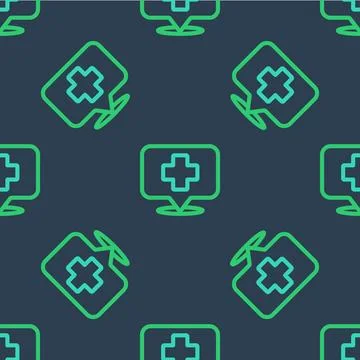 Line Medical map pointer with cross hospital icon isolated seamless pattern on Illustrazione stock