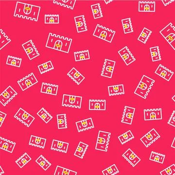Line Medieval castle gate in a stone wall icon isolated seamless pattern on red Stock Illustration