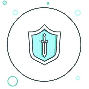 Line Medieval shield with sword icon isolated on white background. Colorful.. Stock Illustration