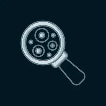 Line Microorganisms under magnifier icon isolated on black background. Bact.. Stock Illustration