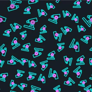 Line Microscope icon isolated seamless pattern on black background. Chemistry 库存插图
