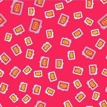 Line Mining bitcoin from graphic tablet icon isolated seamless pattern on red Stock Illustration