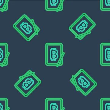 Line Mining bitcoin from graphic tablet icon isolated seamless pattern on blue Stock Illustration