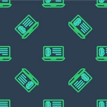 Line Mining bitcoin from laptop icon isolated seamless pattern on blue Stock Illustration