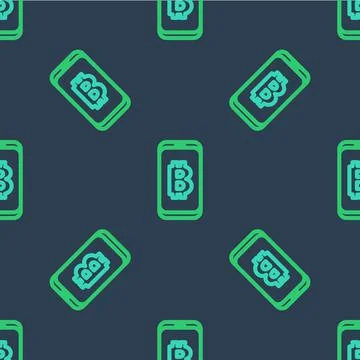 Line Mining bitcoin from mobile icon isolated seamless pattern on blue Stock Illustration