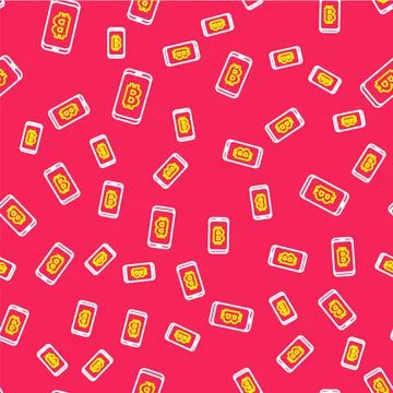 Line Mining bitcoin from mobile icon isolated seamless pattern on red background Stock Illustration