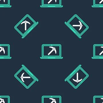 Line Mining concept with laptop and pickaxe icon isolated seamless pattern on Stock Illustration