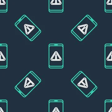 Line Mobile phone with exclamation mark icon isolated seamless pattern on black Stock Illustration