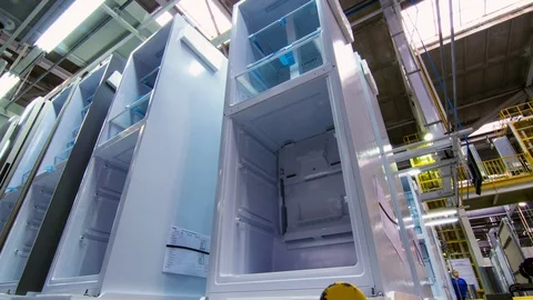 Line of modern fridges without doors on conveyor timelapse Stock Footage 106953105