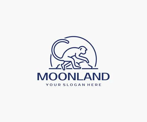 Line monkey with landscape logo design. Macaque walks on stones Stock Illustration