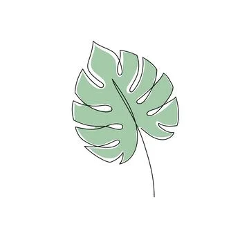 Line monstera leaf art. One continuous line art decorative monstera leaf draw Stock Illustration