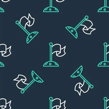 Line Moon with flag icon isolated seamless pattern on black background.  Vect Stock Illustration