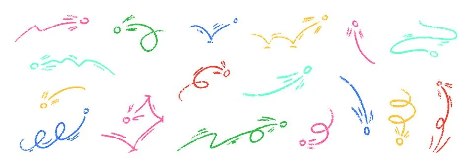 Line Movement Element Chalk Vector Set. Crayon Scribble Pointer Shapes Illustrazione stock