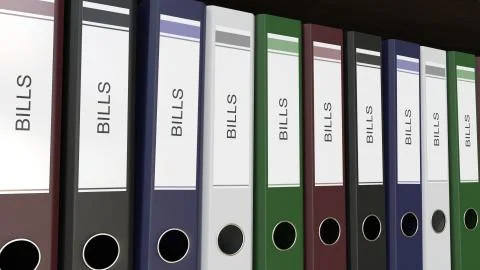 Line of multicolor office binders with Bills tags 3D rendering Illustrazione stock