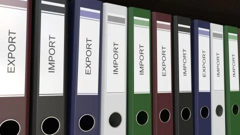 Line of multicolor office binders with Import and Export tags 3D rendering Illustrazione stock
