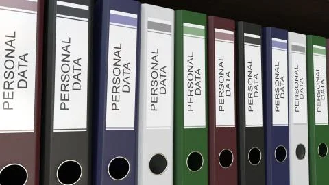 Line of multicolor office binders with Personal data tags 3D rendering Illustrazione stock