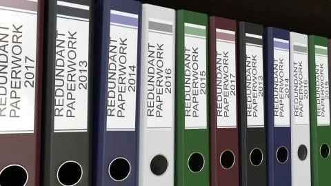 Line of multicolor office binders with Redundant paperwork tags different years Stock Illustration