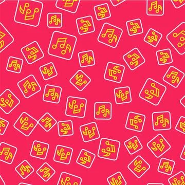 Line Music note, tone icon isolated seamless pattern on red background.  Vect Stock Illustration