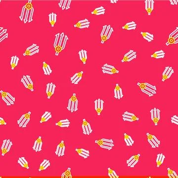 Line Neptune Trident icon isolated seamless pattern on red background.  Vecto Illustrazione stock