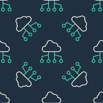 Line Network cloud connection icon isolated seamless pattern on black background Illustrazione stock