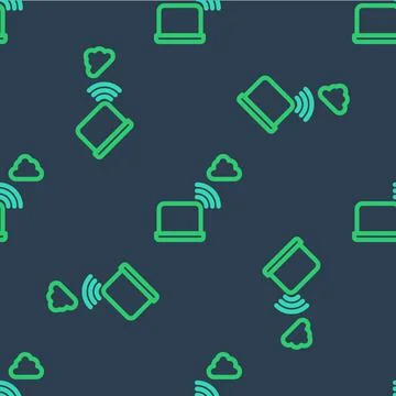 Line Network cloud connection icon isolated seamless pattern on blue background Stock Illustration