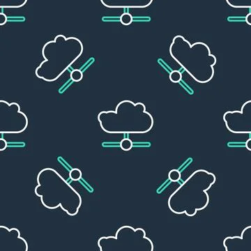 Line Network cloud connection icon isolated seamless pattern on black background Stock Illustration