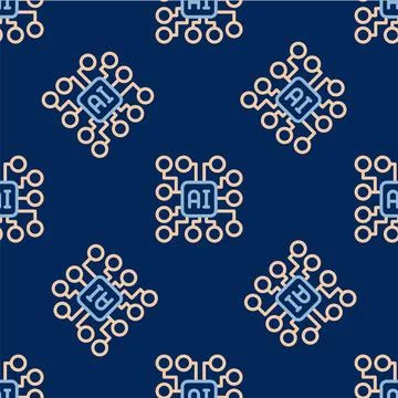 Line Neural network icon isolated seamless pattern on blue background. Arti.. Ilustración de archivo
