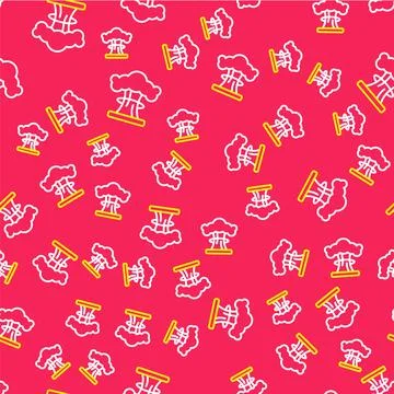Line Nuclear explosion icon isolated seamless pattern on red background. Atomic Stock Illustration