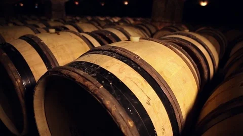 Line of oak barrel in a cellar Stock Footage 74227563